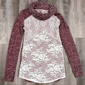 New Women’s XS Vanity Wine & Lace Cowl Neck Knit Top